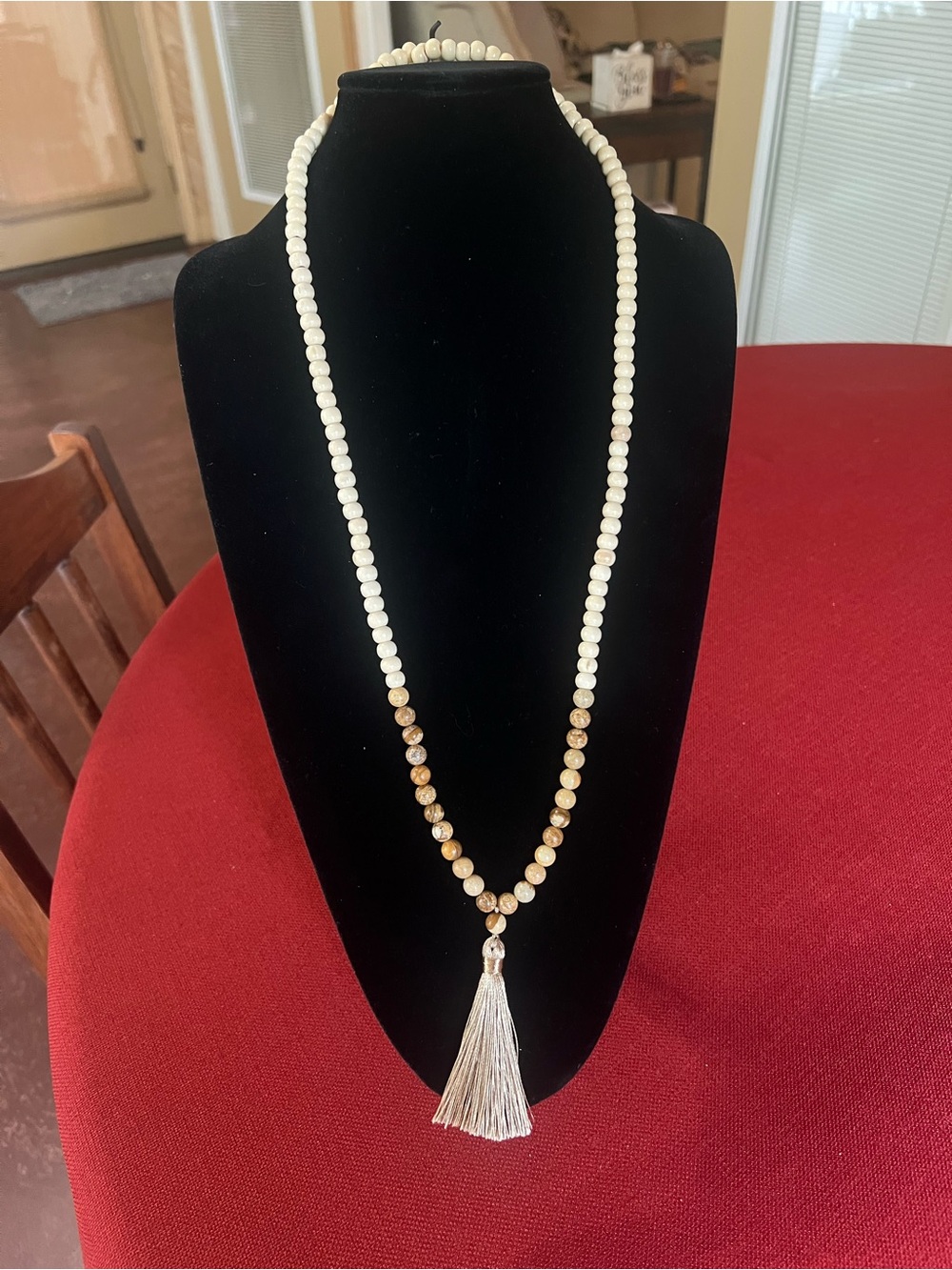 Cream and Brown Beaded Tassel Necklace - Women's Jewelry